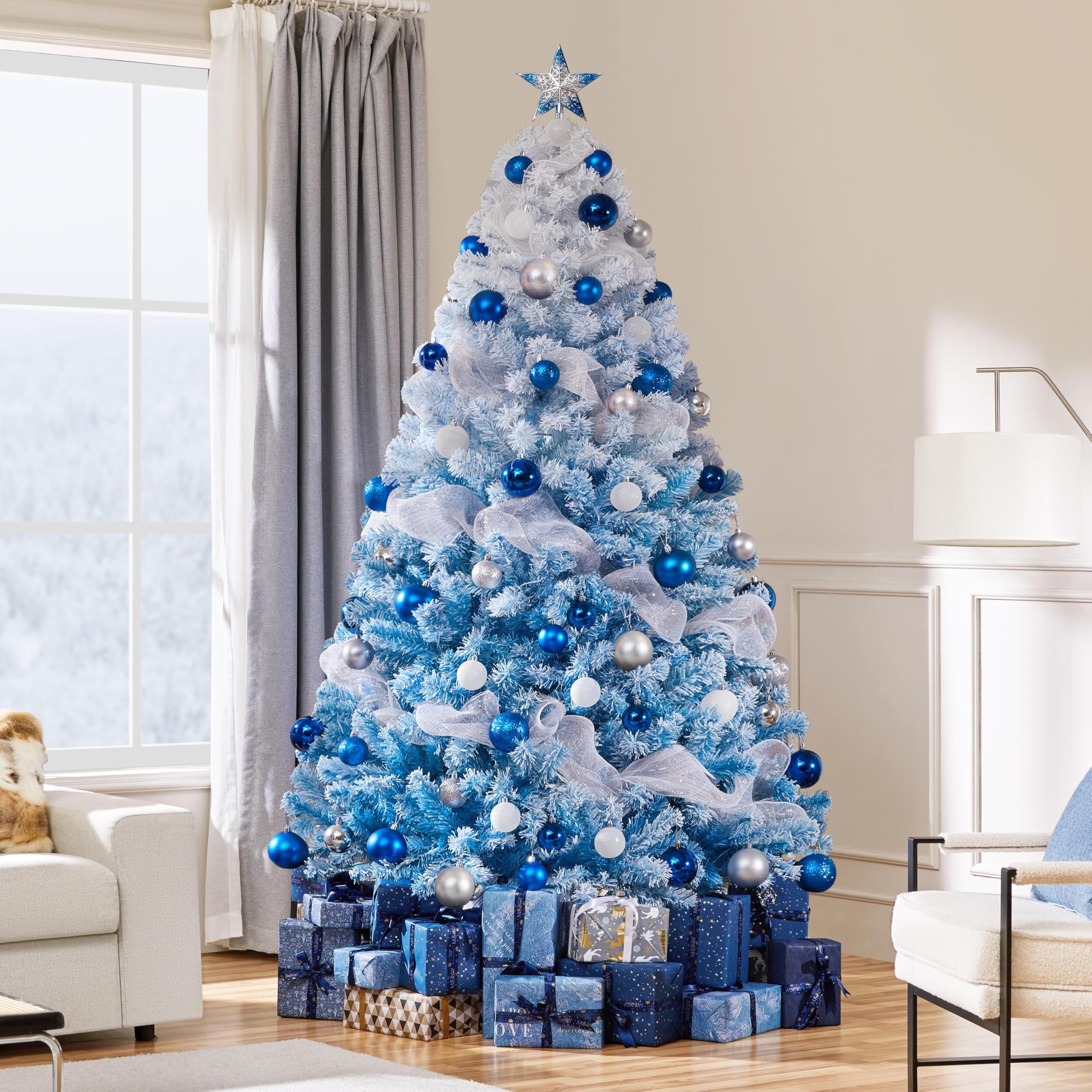 Yaheetech 7.5ft Pre-lit Artificial Christmas Tree with 550 Incandescent Warm White Lights, Snow Flocked Full Prelighted Xmas Tre